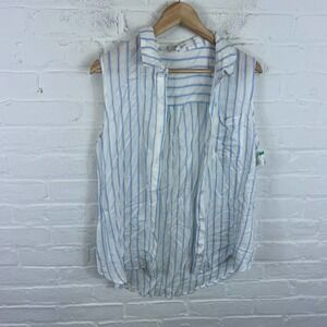 Workshop Womens Striped Button Up Shirt Sleeveless Collar Neck Cream Blue Size L